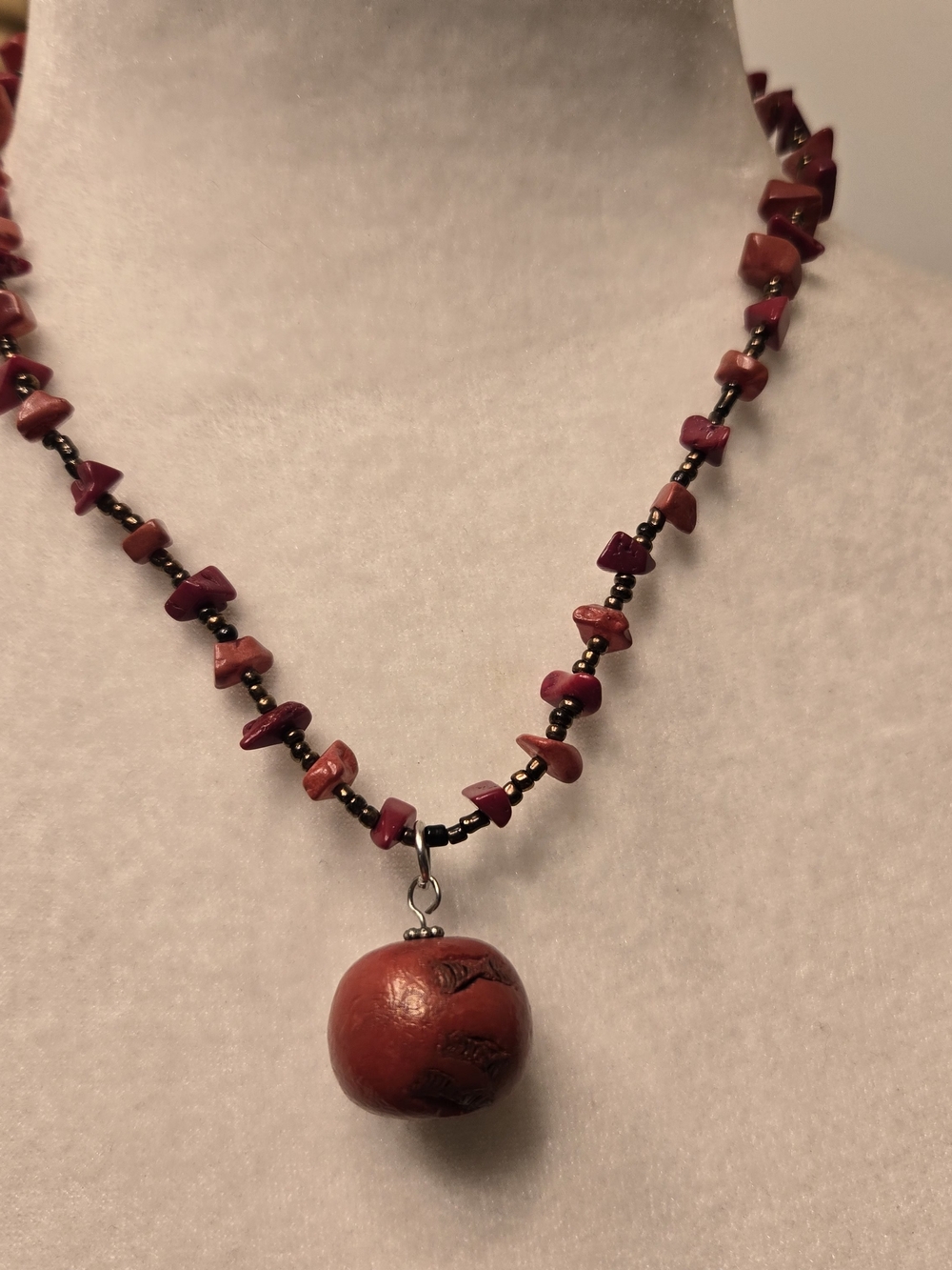 Vintage Red Bead Necklace with Round Red Pendant